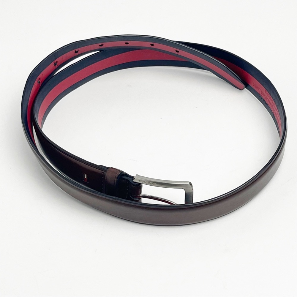 TOMMY HILFIGER Brown Leather Red And Blue Striped Interior Belt, One Size